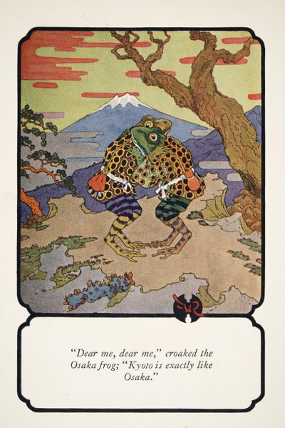 Dear me, dear me, croaked the Osaka frog, Kyoto is exactly like Osaka, illustration from Little Peaching and Other Tales of Old Japan, c. 1928 by Frederick Richardson